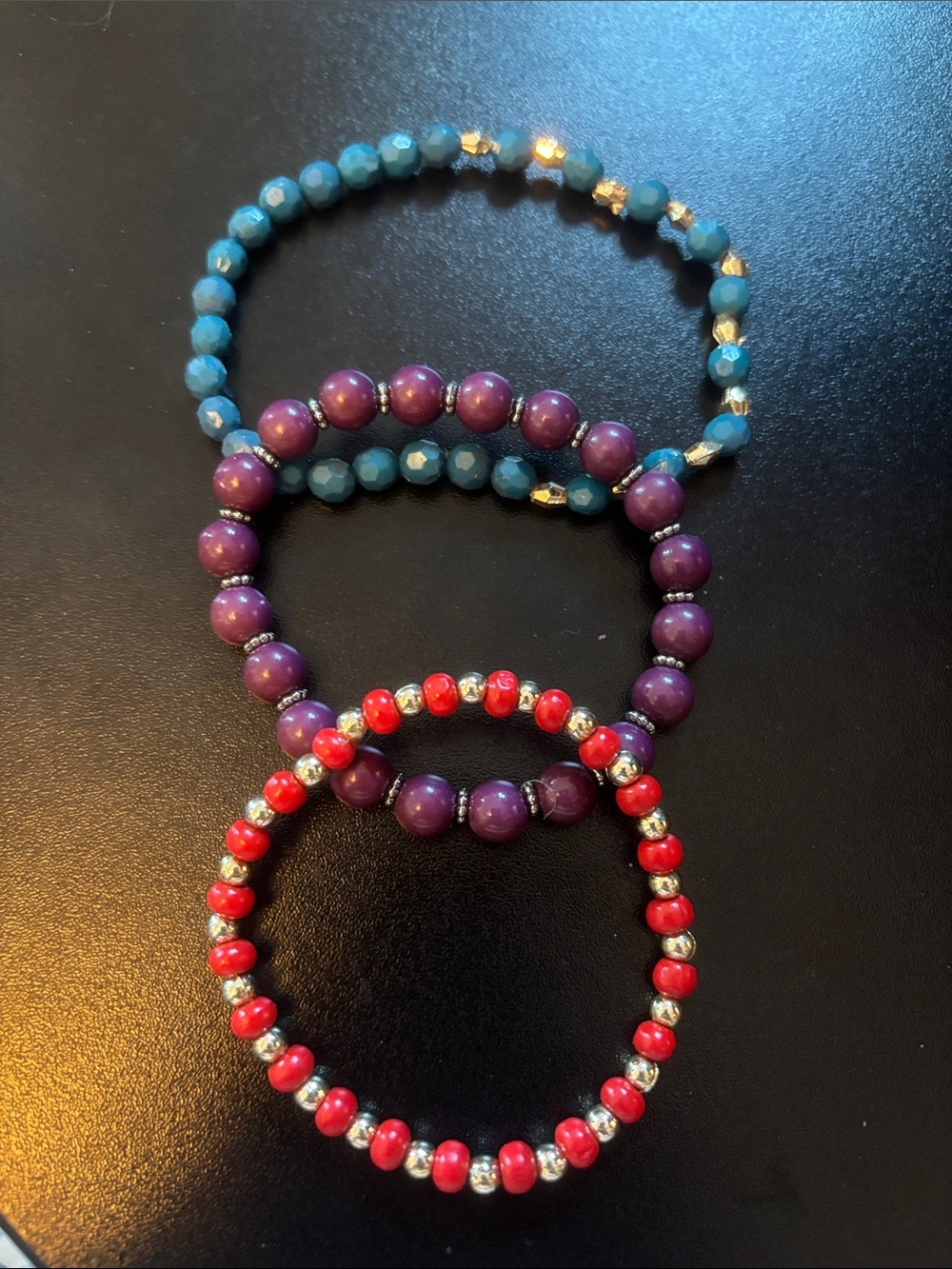 3/$15 - Handmade Stretch Beaded Bracelet Set - Red, Purple, Teal